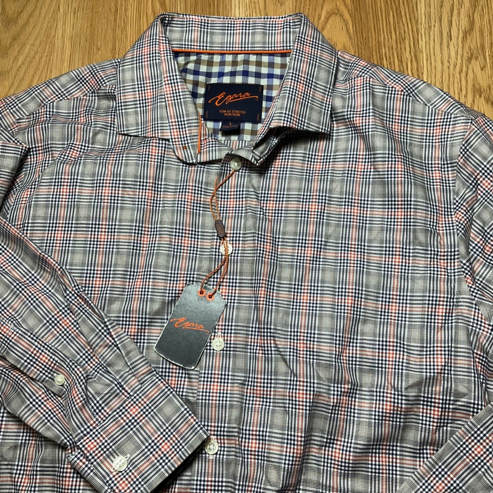 Egara Mens Slim Fit Stretch Non Iron Plaid Button Down Shirt Orange Blue L